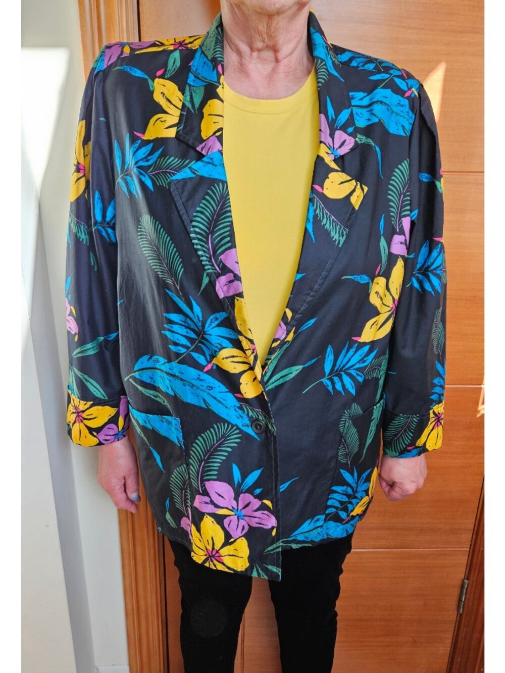 Vintage Black Floral Jacket Women’s Size 14–16 100% Cotton Made in Hungary